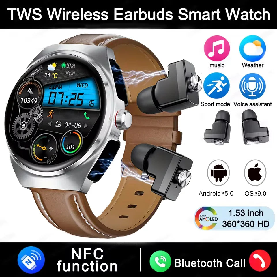 2026 2-in-1 Smart Watch With Earbuds NFC Smartwatch TWS Bluetooth Earphone Heart Rate Blood Pressure Monitor Sport Fitness Watch