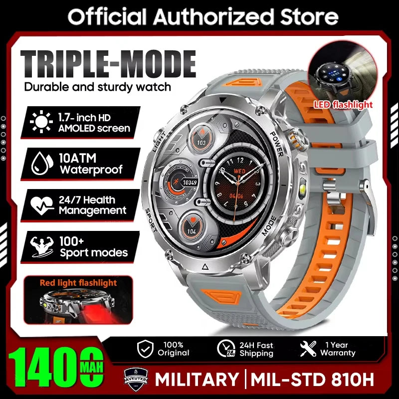 New 2026 Military 1400mAh Battery Smart Watch Men Outdoor Flashlight 10ATM Waterproof Heart Rate Bluetooth Call Sports Bracelets