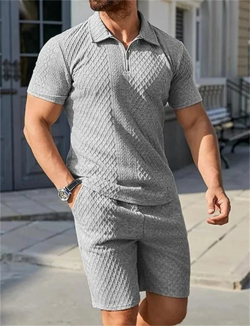 New summer Men Suit Fashion Men's tracksuit Jacquard Half Zip Short Sleeve Polo Shirt+Shorts 2 PCS Sets Men Casual Sports Suit