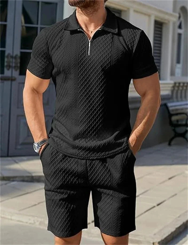 New summer Men Suit Fashion Men's tracksuit Jacquard Half Zip Short Sleeve Polo Shirt+Shorts 2 PCS Sets Men Casual Sports Suit