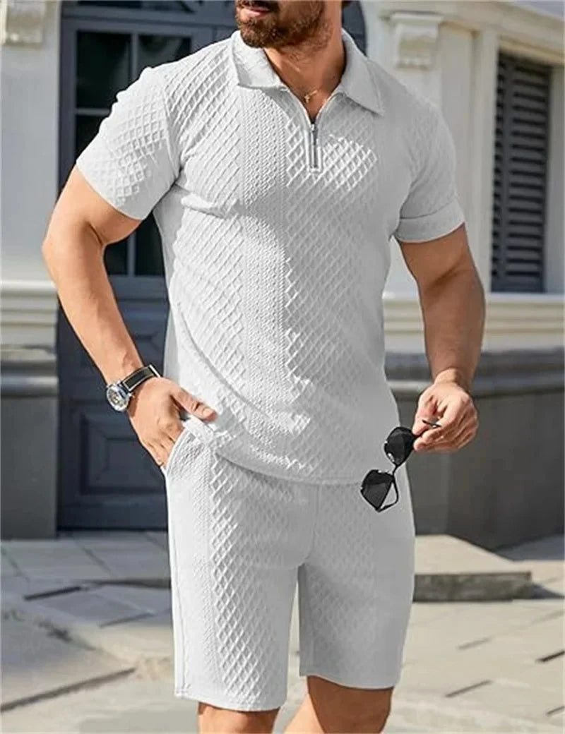 New summer Men Suit Fashion Men's tracksuit Jacquard Half Zip Short Sleeve Polo Shirt+Shorts 2 PCS Sets Men Casual Sports Suit