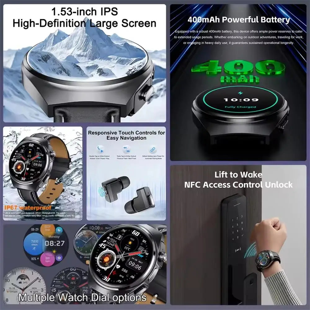 2026 2-in-1 Smart Watch With Earbuds NFC Smartwatch TWS Bluetooth Earphone Heart Rate Blood Pressure Monitor Sport Fitness Watch