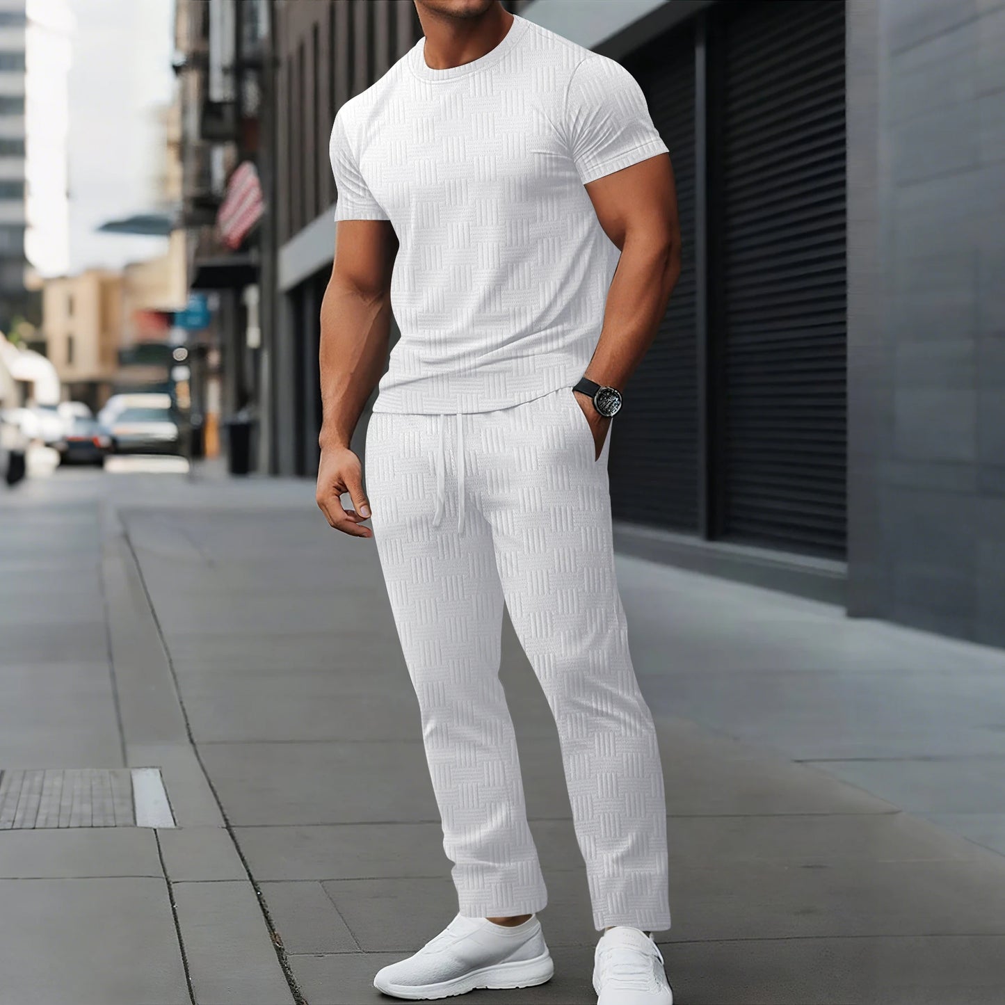 Mens Textured Tracksuit Set Crew Neck T Shirt and Long Pants 2025 New Casual Sportswear Outfits