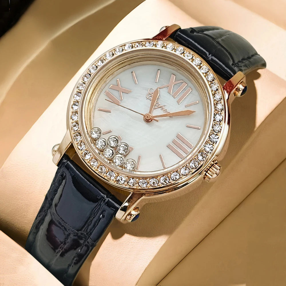 New Trendy Vintage Green Watch for Women, Stylish and Waterproof, with a Luxurious Diamond-Studded Design, Niche Camellia Style, Small Green Watch for Women, with Happy Diamonds