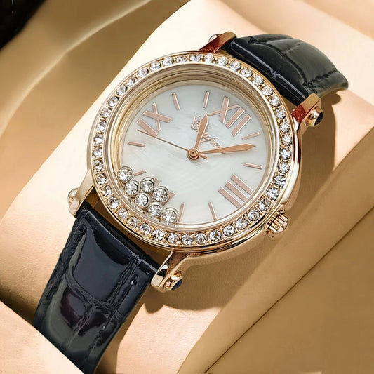 New Trendy Vintage Green Watch for Women, Stylish and Waterproof, with a Luxurious Diamond-Studded Design, Niche Camellia Style, Small Green Watch for Women, with Happy Diamonds