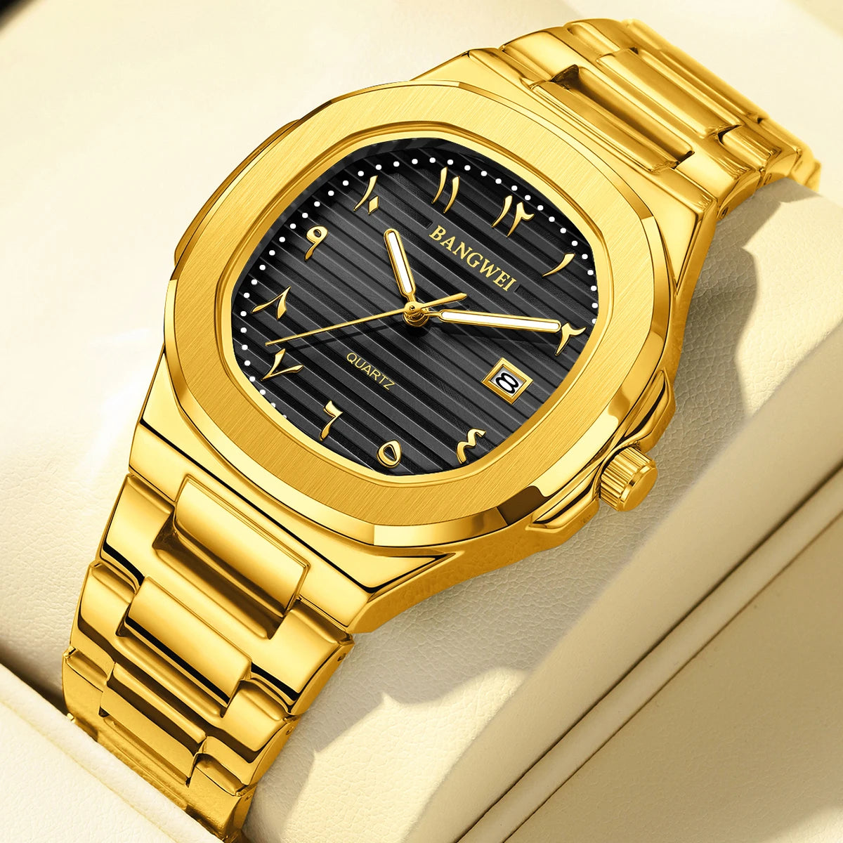 LIGE Fashion Luxury Business Square Quartz Watches Classic Stripe Design Dial with Stainless Steel Band Wristwatch for Men Relog