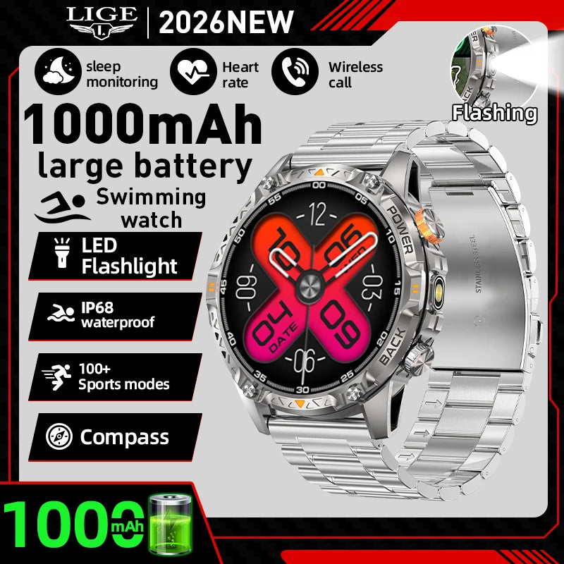 Military Grade Outdoor Smart Watch Men 2026 Sport Fitness Tracker 1000mah Watch Waterproof Flashlight Bluetooth Call Smartwatch