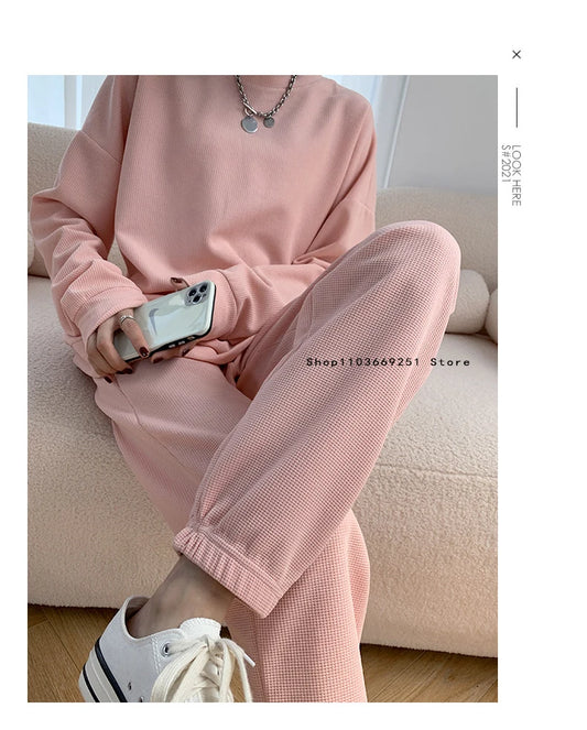 New Round Neck Running Set Long Sleeved Long Pants 2-piece Set Women's Waffle Sports Hoodie Top Men's Women's Fitness Sports Set