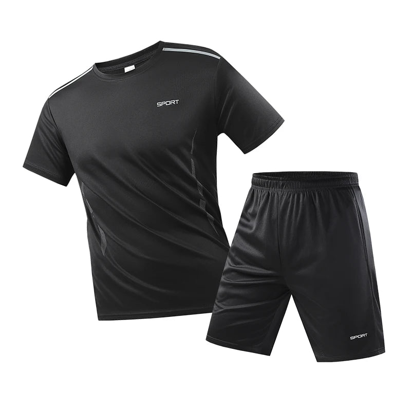 Men‘s Fitness Tracksuit Set Summer Casual Sporting Male Track Suit Quick-Drying Short-Sleeved Tops+Shorts Sweatsuit 2 Piece Set