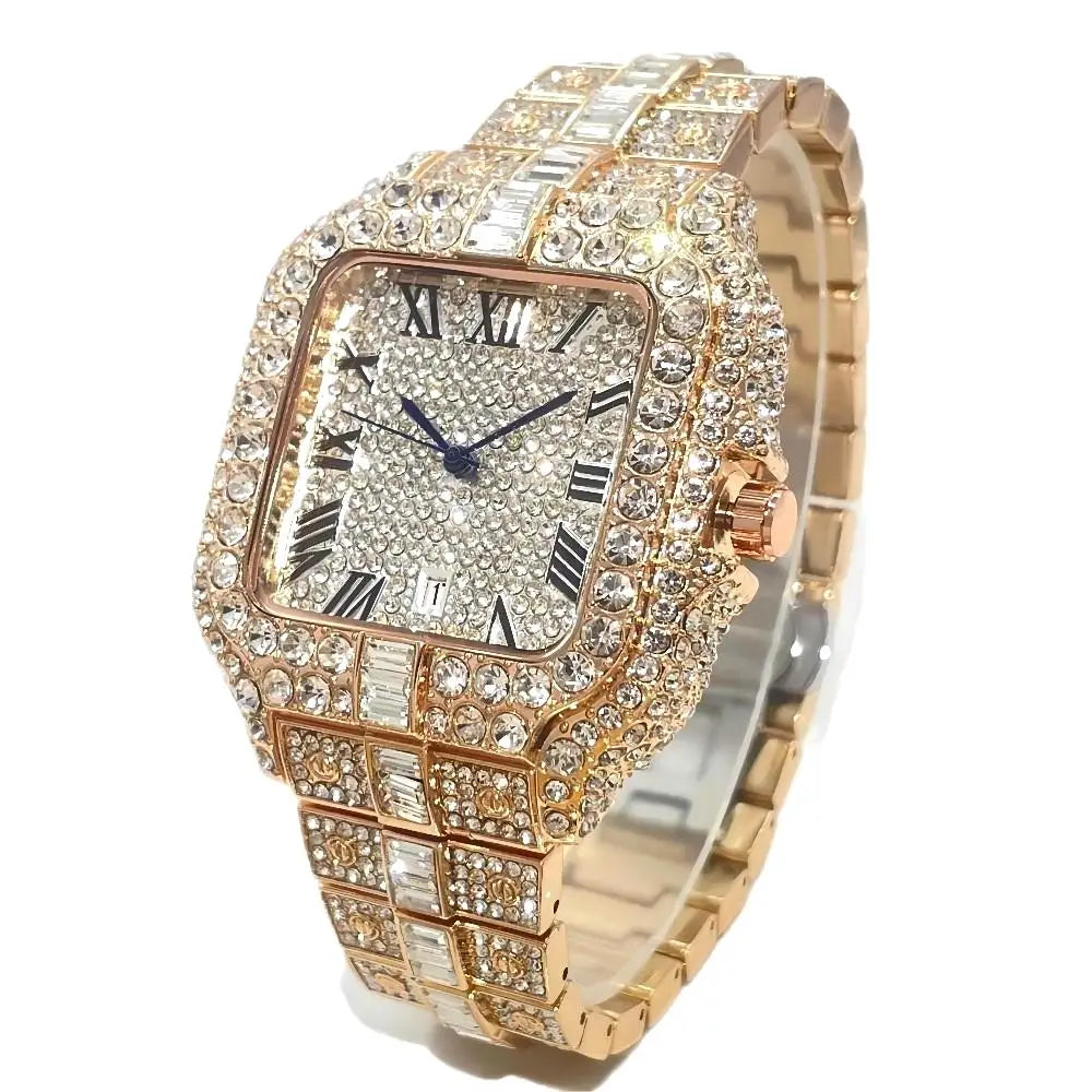 Luxury Diamond Watch for Men Hip Hop Style Bling Bling Iced Out Wristwatch Fashion Square Stainless Steel Waterproof Clock 2024