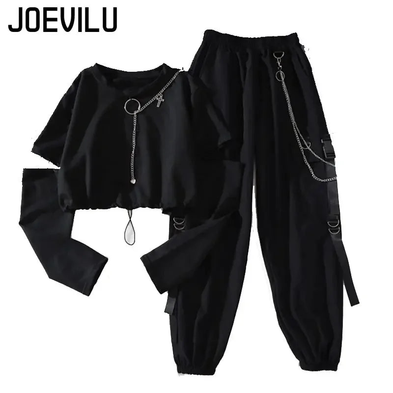 Tracksuit Removable Sleeve with Chain Top Handsome Casual Waistband Cargo Pants 2 Piece Sets Women's Outfits Spring Summer Suits