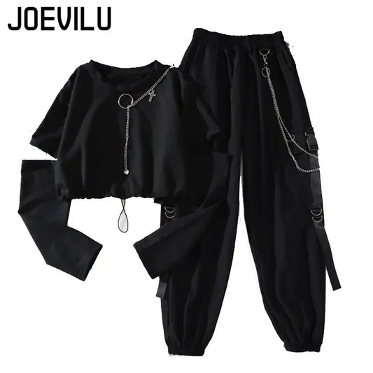 Tracksuit Removable Sleeve with Chain Top Handsome Casual Waistband Cargo Pants 2 Piece Sets Women's Outfits Spring Summer Suits