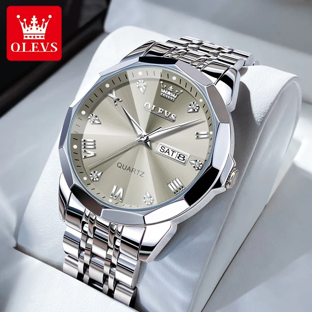 OLEVS Men Watches Smart Casual Top Brand Stainless Steel Original Quartz Wristwatch Rhombus Mirror Waterproof Date Week Luminous