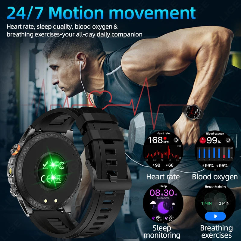 Military Grade Outdoor Smart Watch Men 2026 Sport Fitness Tracker 1000mah Watch Waterproof Flashlight Bluetooth Call Smartwatch