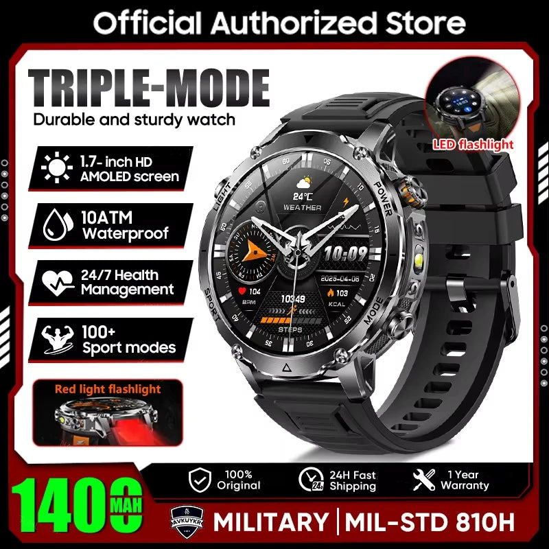 New 2026 Military 1400mAh Battery Smart Watch Men Outdoor Flashlight 10ATM Waterproof Heart Rate Bluetooth Call Sports Bracelets