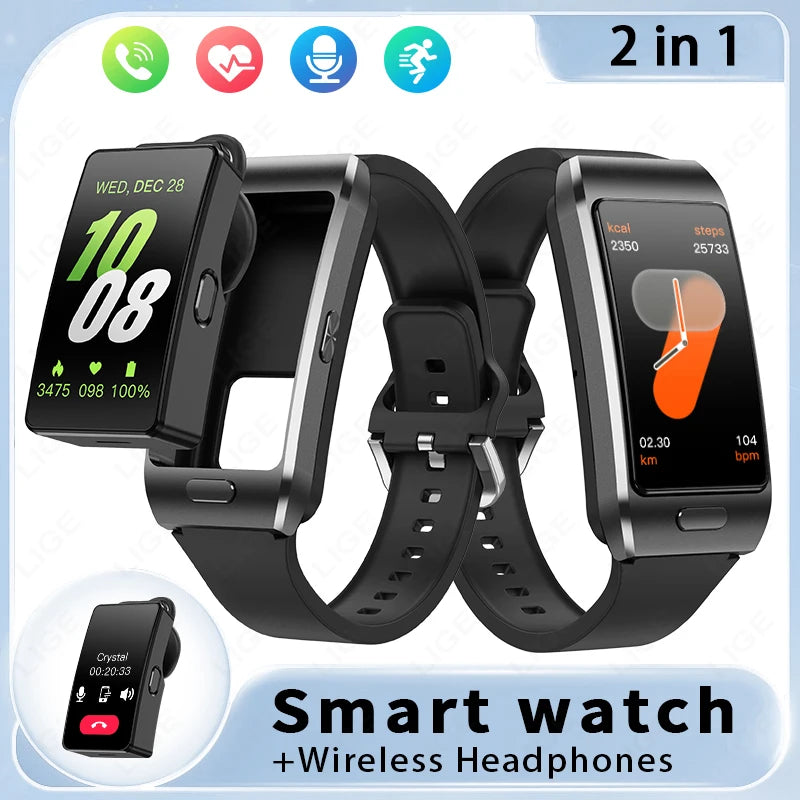 LIGE 2 in1 Smart Watch with Earplug Men Women Bluetooth Call Smartwatches 1.57inch Full Touch Screen GPS SportsTrack  Smartwatch