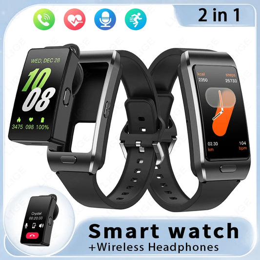 LIGE 2 in1 Smart Watch with Earplug Men Women Bluetooth Call Smartwatches 1.57inch Full Touch Screen GPS SportsTrack  Smartwatch