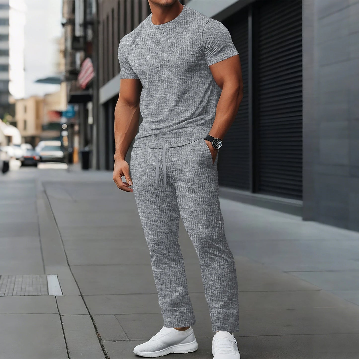 Mens Textured Tracksuit Set Crew Neck T Shirt and Long Pants 2025 New Casual Sportswear Outfits