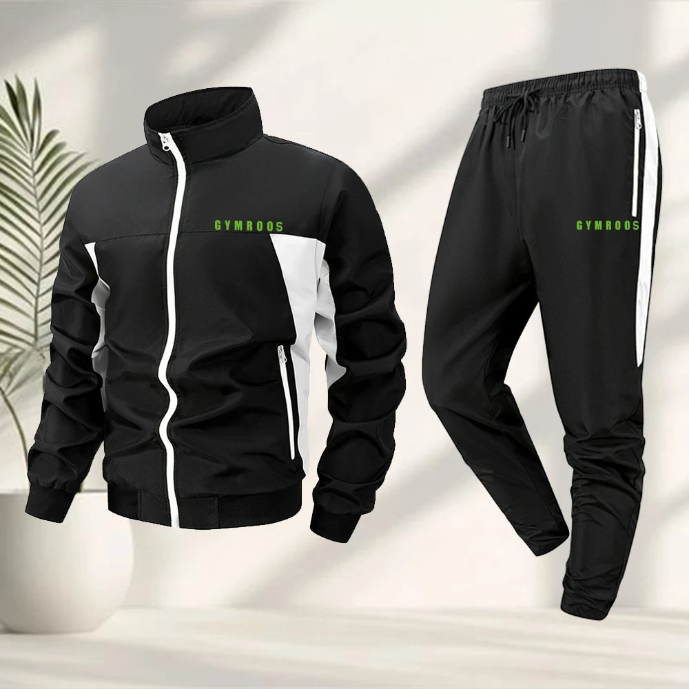 Men's Color Blocked Printed Tracksuit With Zip Up Jacket And Drawstring Trousers Suitable For Outdoor Fitness And Cycling
