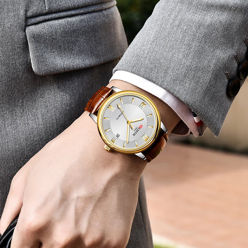 Mens Automatic Watches Luxury Men Dress Mechanical Watch Fashion Waterproo Wrist Automatic Watch Date Leather Strap