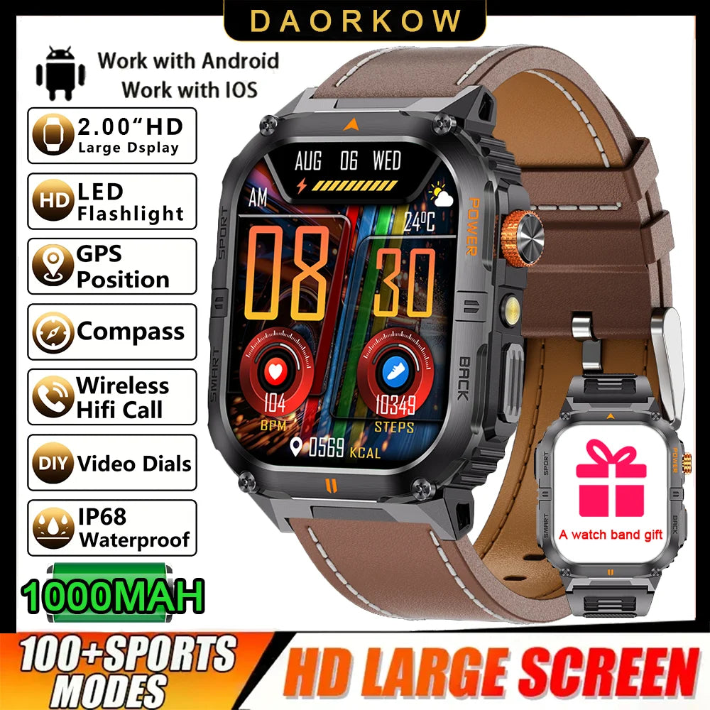 New 1000mAh military outdoor smartwatch for men, LED flashlight, IP68 waterproof, GPS sports, 2.01-inch Bluetooth call smartwatc