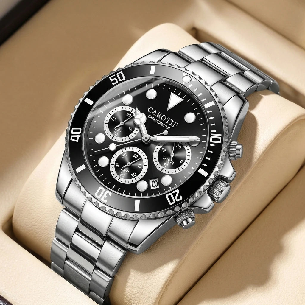 1pc Men's Fashion Watch with Stainless Steel Strap, Black Dial, Chronograph Function, Rotating Bezel