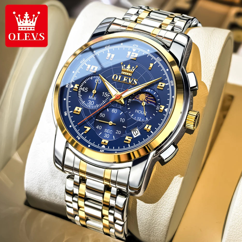 OLEVS 2983 New Quartz Men's Wristwatches Digital Intelligent Style Literal Steel Strap Waterproof Moon Phase Chronograph Watch