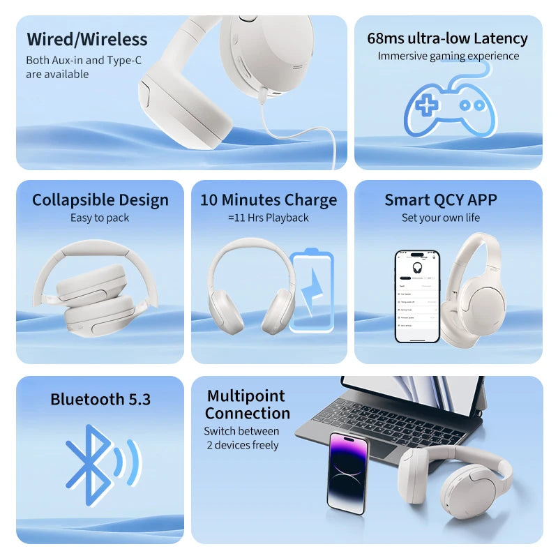 QCY H3 Lite ANC Wireless Headphones 40mm Driver Bluetooth 5.3 Earphones Active Noise Cancellation Over Ear Headset Clear HD Call