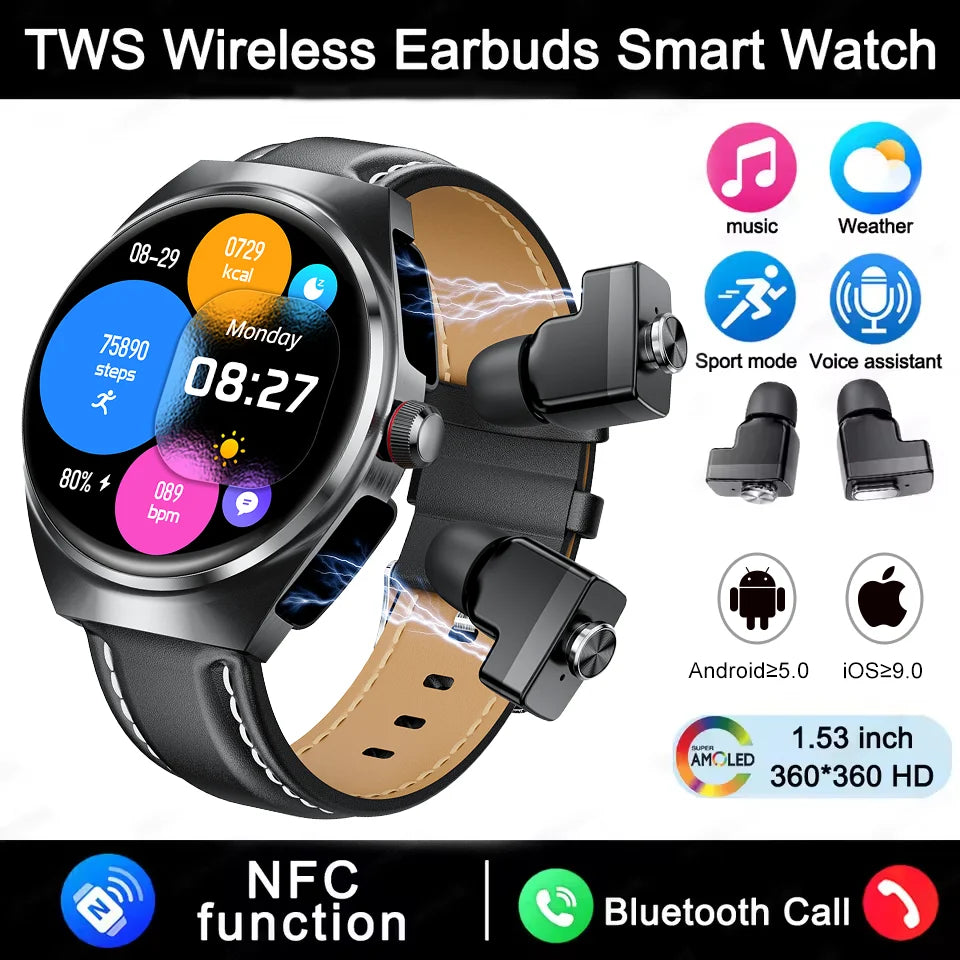 2026 2-in-1 Smart Watch With Earbuds NFC Smartwatch TWS Bluetooth Earphone Heart Rate Blood Pressure Monitor Sport Fitness Watch