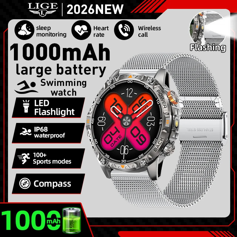 Military Grade Outdoor Smart Watch Men 2026 Sport Fitness Tracker 1000mah Watch Waterproof Flashlight Bluetooth Call Smartwatch