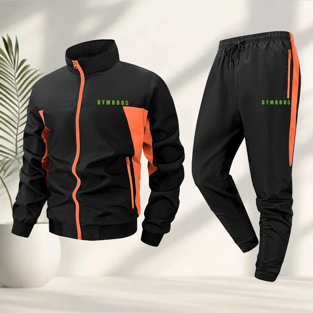 Men's Color Blocked Printed Tracksuit With Zip Up Jacket And Drawstring Trousers Suitable For Outdoor Fitness And Cycling