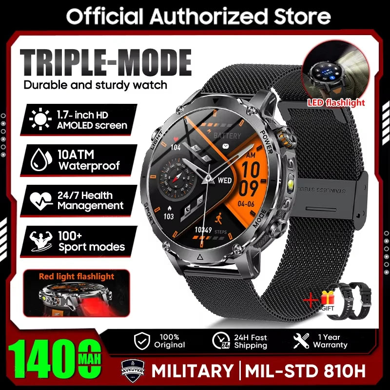 New 2026 Military 1400mAh Battery Smart Watch Men Outdoor Flashlight 10ATM Waterproof Heart Rate Bluetooth Call Sports Bracelets