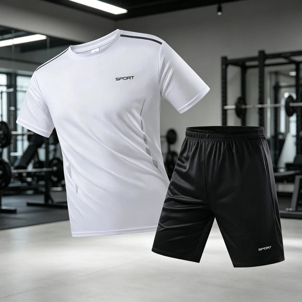 Men‘s Fitness Tracksuit Set Summer Casual Sporting Male Track Suit Quick-Drying Short-Sleeved Tops+Shorts Sweatsuit 2 Piece Set