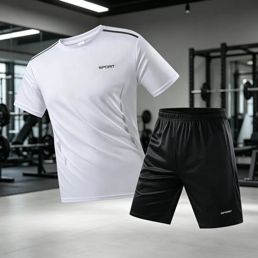 Men‘s Fitness Tracksuit Set Summer Casual Sporting Male Track Suit Quick-Drying Short-Sleeved Tops+Shorts Sweatsuit 2 Piece Set
