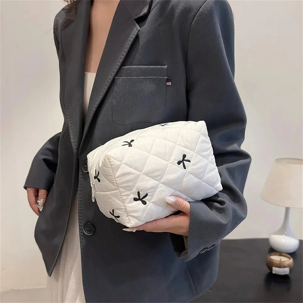 Ladies' Bow Makeup Bag for Women Embroidered Bowknot Travel Cosmetic Bags Large Capacity Handheld Makeup Toiletry Storage Bag