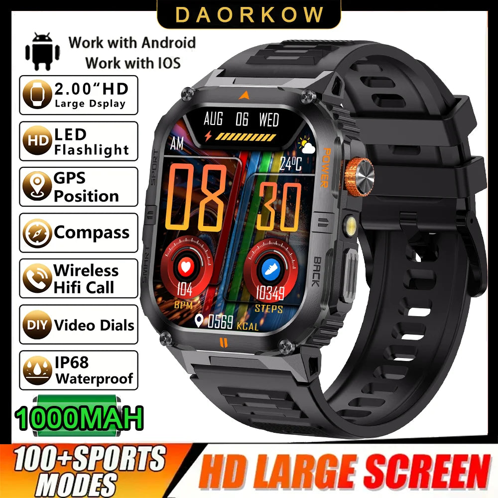 New 1000mAh military outdoor smartwatch for men, LED flashlight, IP68 waterproof, GPS sports, 2.01-inch Bluetooth call smartwatc