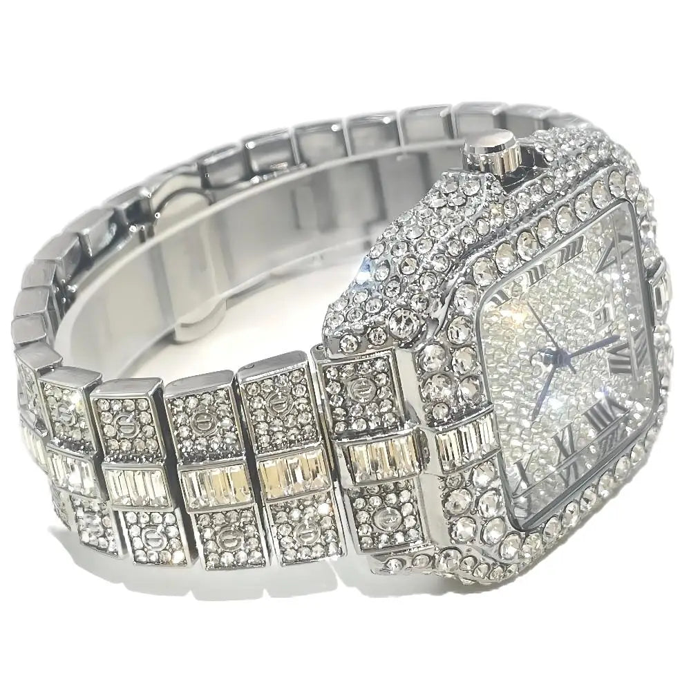 Luxury Diamond Watch for Men Hip Hop Style Bling Bling Iced Out Wristwatch Fashion Square Stainless Steel Waterproof Clock 2024