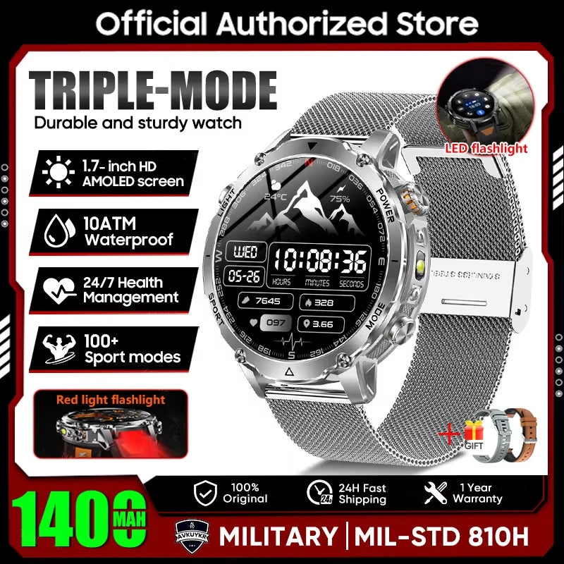 New 2026 Military 1400mAh Battery Smart Watch Men Outdoor Flashlight 10ATM Waterproof Heart Rate Bluetooth Call Sports Bracelets
