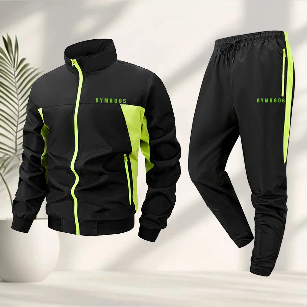 Men's Color Blocked Printed Tracksuit With Zip Up Jacket And Drawstring Trousers Suitable For Outdoor Fitness And Cycling