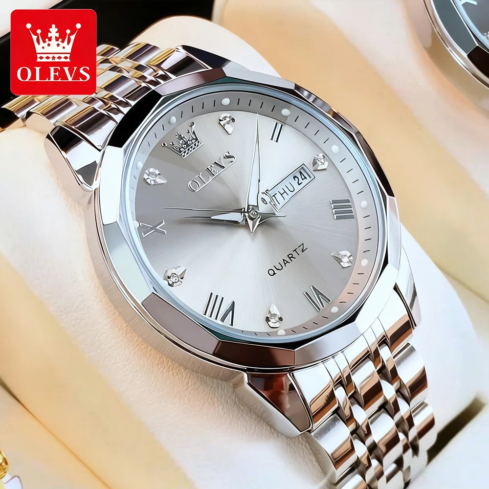 OLEVS Men Watches Smart Casual Top Brand Stainless Steel Original Quartz Wristwatch Rhombus Mirror Waterproof Date Week Luminous