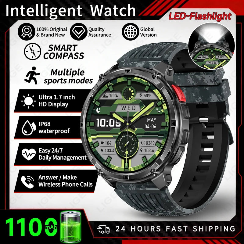 2026 New LIGE 1100mAh Super Capacity Battery Adult Men Smart Watch 1.7" Large HD Screen Call 5ATM Waterproof Sports Watches