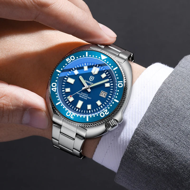 QINGXIYA Top Brand Luxury Men's Quartz Watches High Qualit Stainless Steel Strap Waterproof Luminous Date Fashion Sport Watch