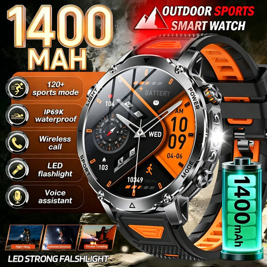 New 2026 Military 1400mAh Battery Smart Watch Men Outdoor Flashlight 10ATM Waterproof Heart Rate Bluetooth Call Sports Bracelets
