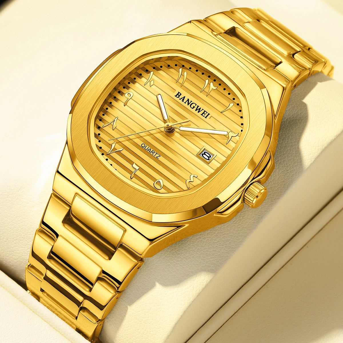 LIGE Fashion Luxury Business Square Quartz Watches Classic Stripe Design Dial with Stainless Steel Band Wristwatch for Men Relog