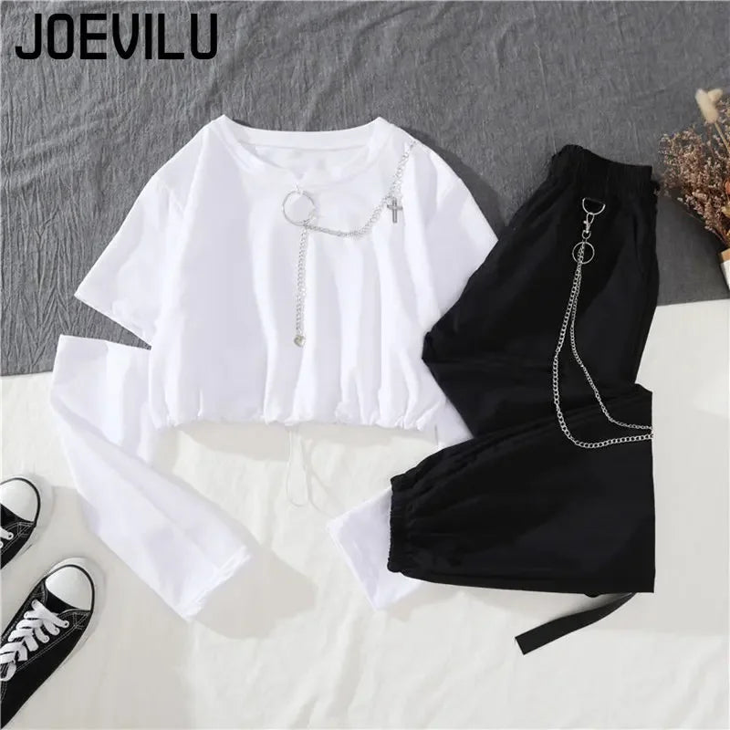 Tracksuit Removable Sleeve with Chain Top Handsome Casual Waistband Cargo Pants 2 Piece Sets Women's Outfits Spring Summer Suits