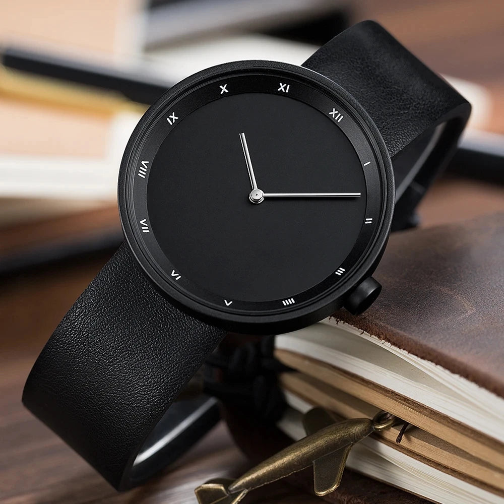 UTHAI Men's Watch Simple Waterproof Trendy Brand Thin Leather Strap Black Male Fashion Quartz Clock Watches