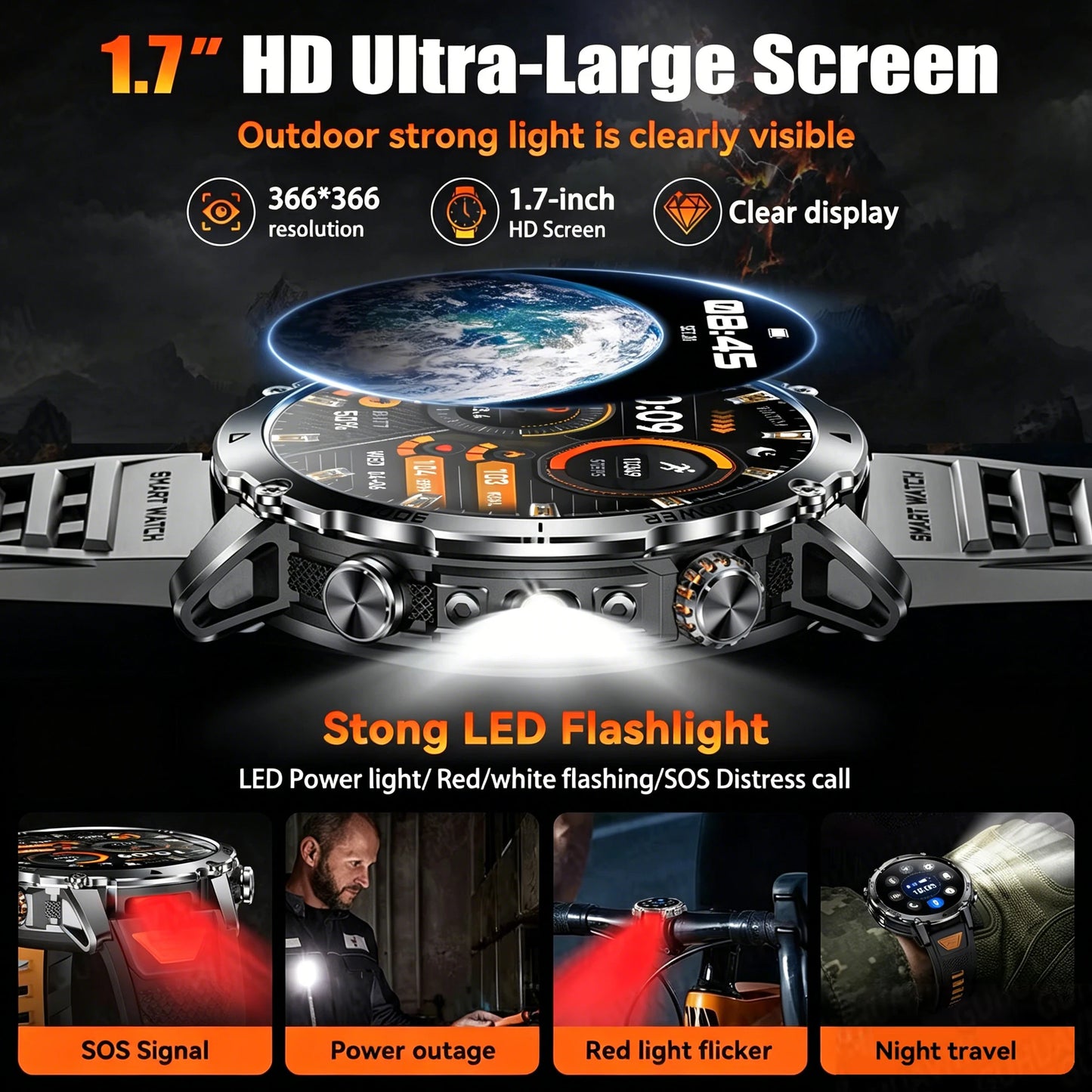 New 2026 Military 1400mAh Battery Smart Watch Men Outdoor Flashlight 10ATM Waterproof Heart Rate Bluetooth Call Sports Bracelets