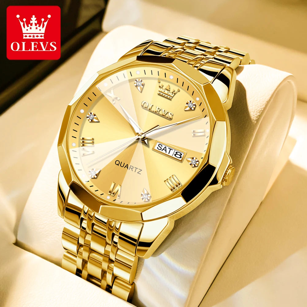 OLEVS Men Watches Smart Casual Top Brand Stainless Steel Original Quartz Wristwatch Rhombus Mirror Waterproof Date Week Luminous