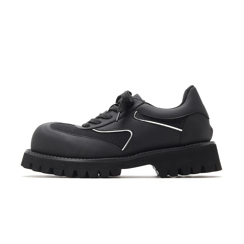 Sports leather shoes for men lightweight mesh splicing genuine leather black thick sole height increasing big head work shoes