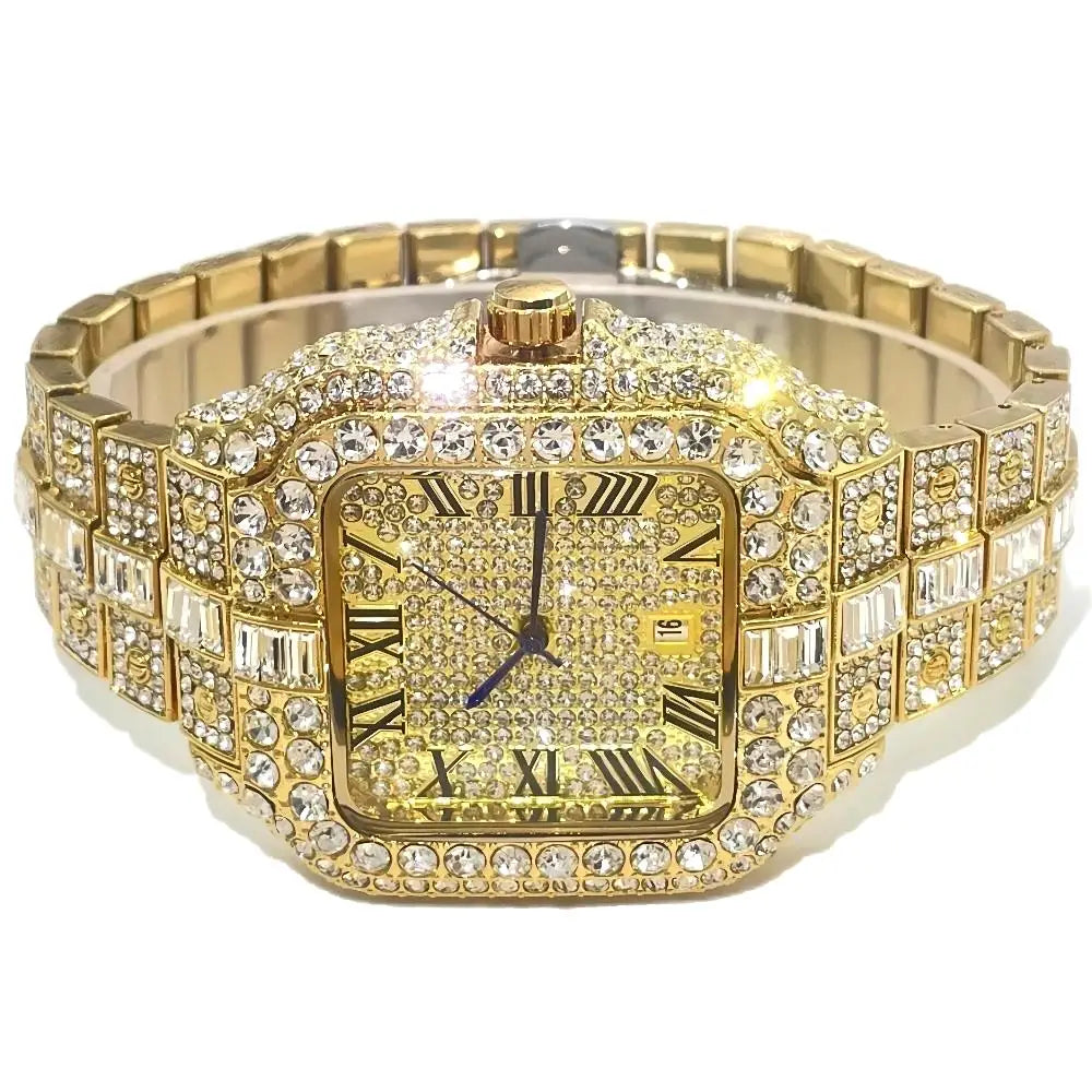 Luxury Diamond Watch for Men Hip Hop Style Bling Bling Iced Out Wristwatch Fashion Square Stainless Steel Waterproof Clock 2024